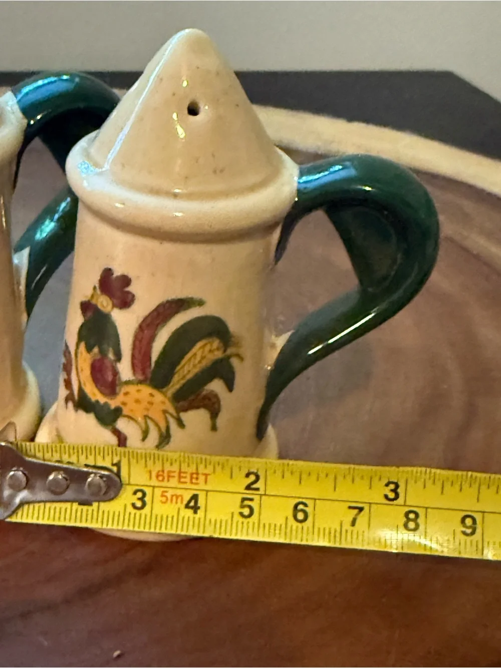 Farmhouse Cream Ceramic Rooster Salt & Pepper Shaker Set with Green Handles -